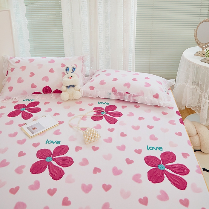 91家纺网 家纺一手货源 找家纺 金丝鸟 2022新款全棉花边床笠 粉色花朵