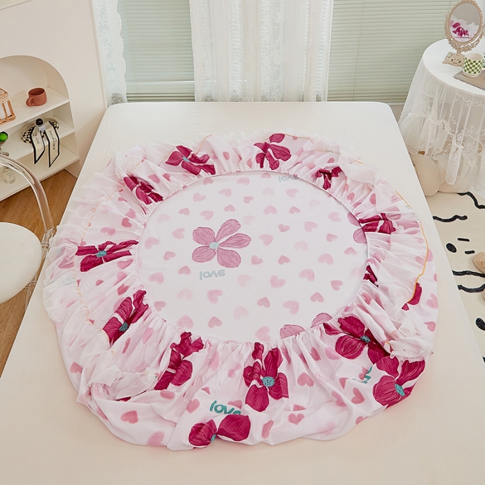 91家纺网 家纺一手货源 找家纺 金丝鸟 2022新款全棉花边床笠 粉色花朵