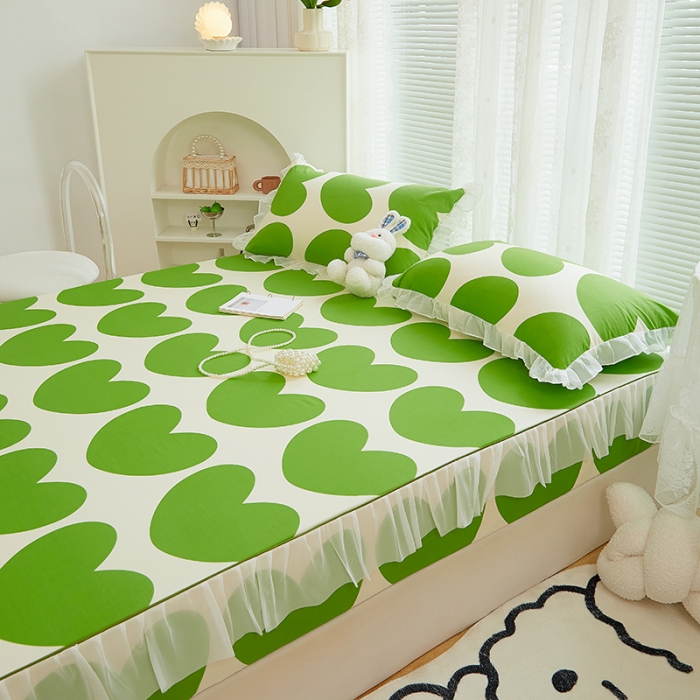 91家纺网 家纺一手货源 找家纺 金丝鸟 2022新款全棉花边床笠 绿桃心