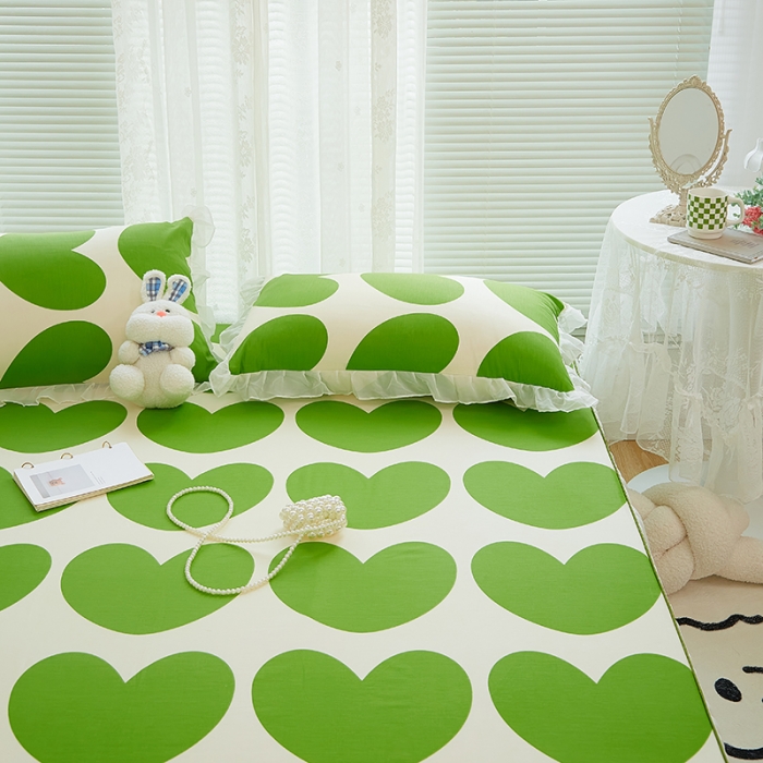 91家纺网 家纺一手货源 找家纺 金丝鸟 2022新款全棉花边床笠 绿桃心