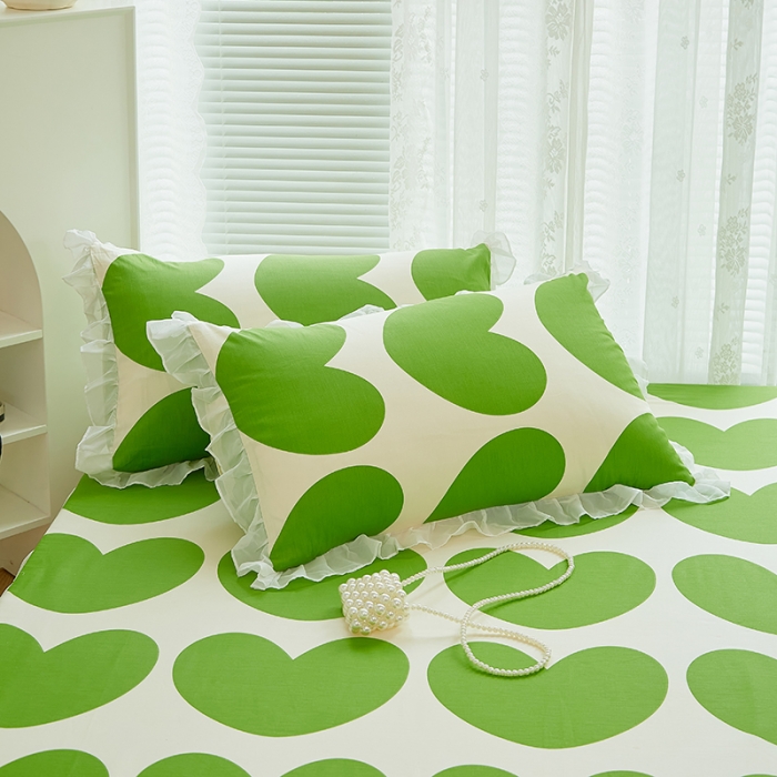 91家纺网 家纺一手货源 找家纺 金丝鸟 2022新款全棉花边床笠 绿桃心