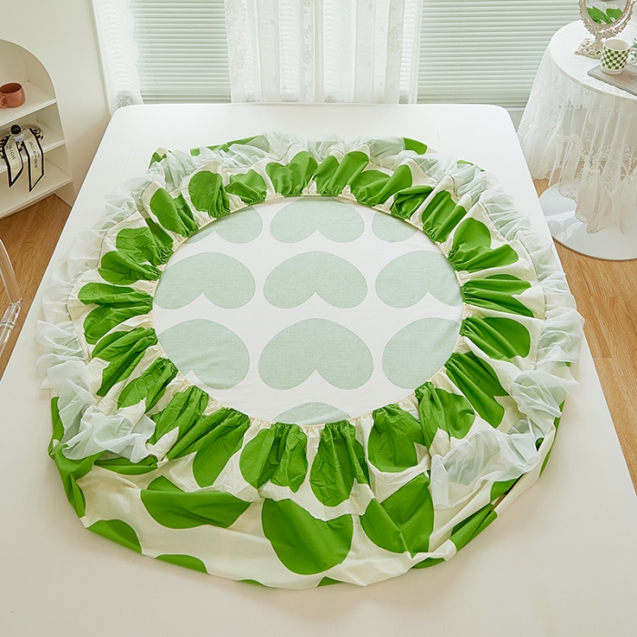 91家纺网 家纺一手货源 找家纺 金丝鸟 2022新款全棉花边床笠 绿桃心