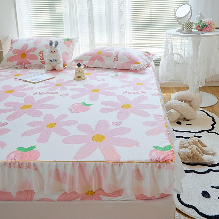 91家纺网 家纺一手货源 找家纺 金丝鸟 2022新款全棉花边床笠 甜蜜peach