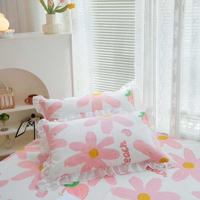 91家纺网 家纺一手货源 找家纺 金丝鸟 2022新款全棉花边床笠 甜蜜peach