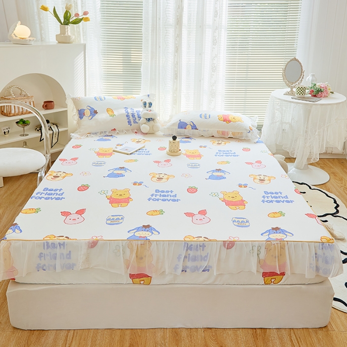 91家纺网 家纺一手货源 找家纺 金丝鸟 2022新款全棉花边床笠 维尼伙伴