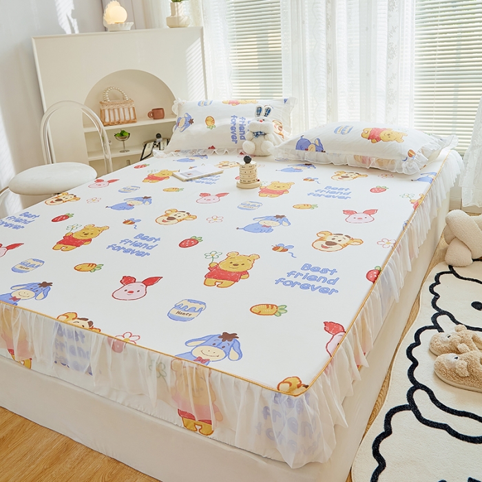 91家纺网 家纺一手货源 找家纺 金丝鸟 2022新款全棉花边床笠 维尼伙伴