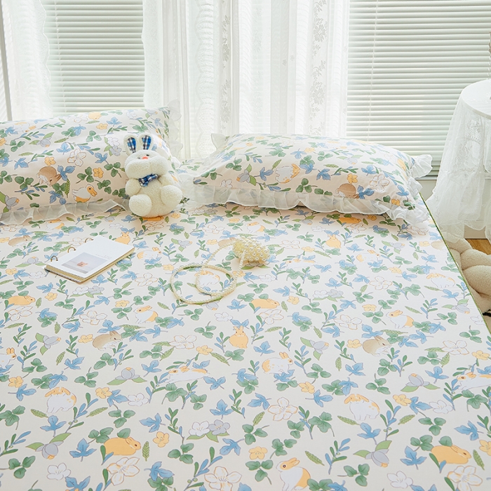 91家纺网 家纺一手货源 找家纺 金丝鸟 2022新款全棉花边床笠 早安兔兔