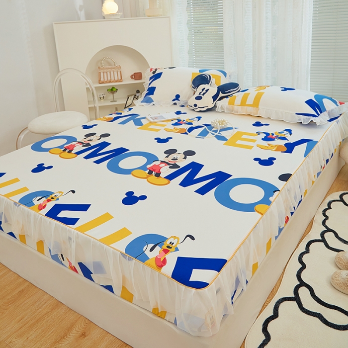 91家纺网 家纺一手货源 找家纺 金丝鸟 2022新款全棉花边床笠 字母米奇