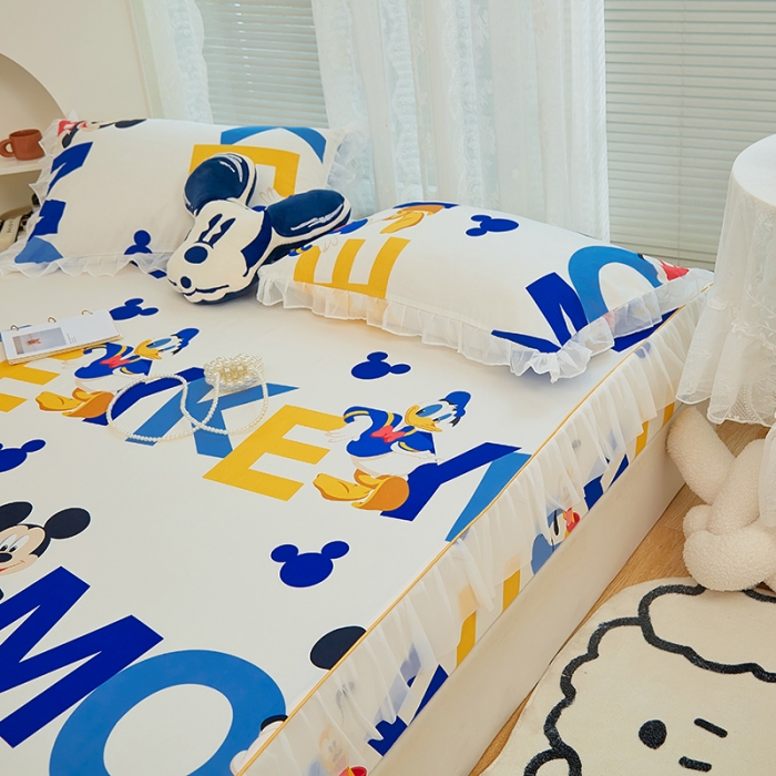 91家纺网 家纺一手货源 找家纺 金丝鸟 2022新款全棉花边床笠 字母米奇