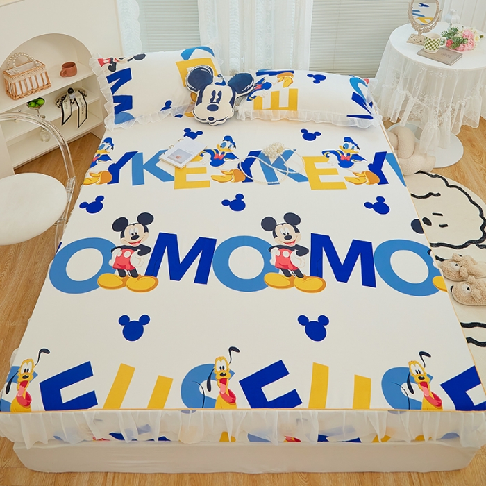 91家纺网 家纺一手货源 找家纺 金丝鸟 2022新款全棉花边床笠 字母米奇