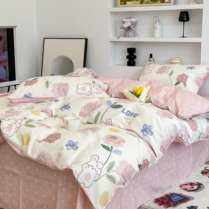 91家纺网 家纺一手货源 找家纺 昔可2022新款嵌绳全棉四件套组图二 粉蔷薇兔