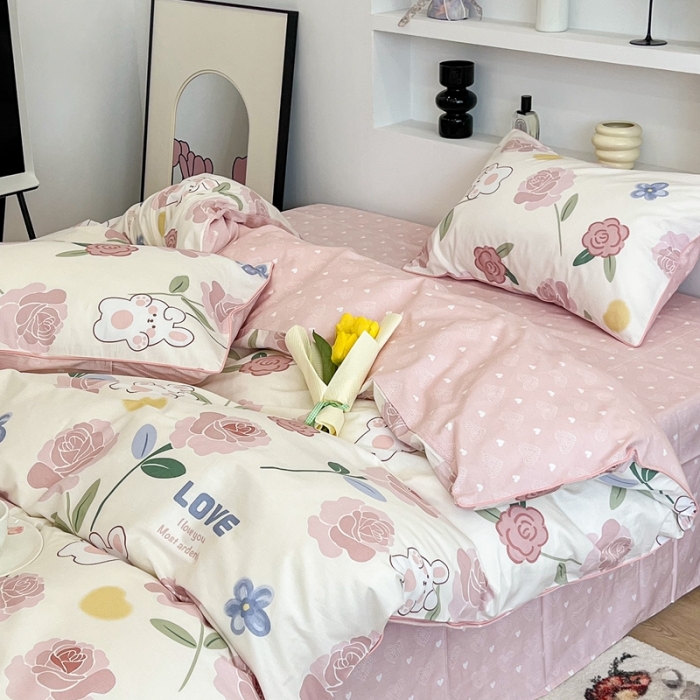 91家纺网 家纺一手货源 找家纺 昔可2022新款嵌绳全棉四件套组图二 粉蔷薇兔