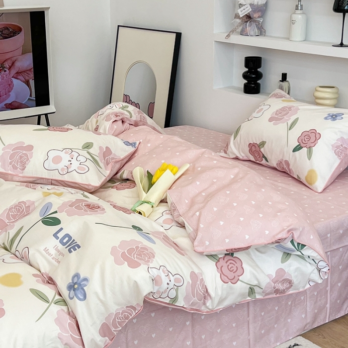 91家纺网 家纺一手货源 找家纺 昔可2022新款嵌绳全棉四件套组图二 粉蔷薇兔