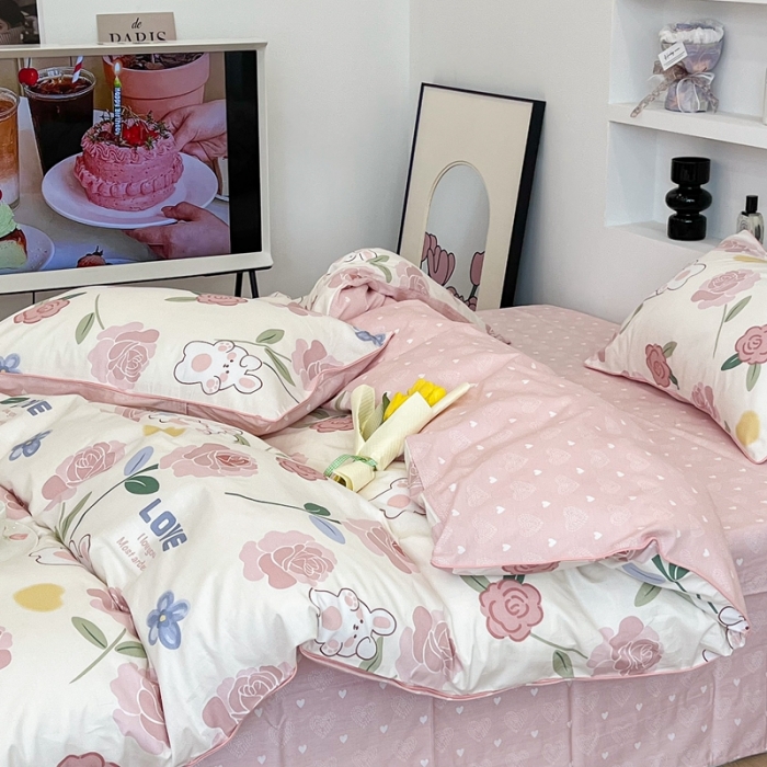 91家纺网 家纺一手货源 找家纺 昔可2022新款嵌绳全棉四件套组图二 粉蔷薇兔