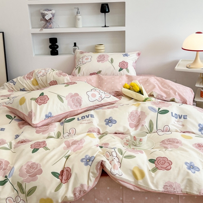 91家纺网 家纺一手货源 找家纺 昔可2022新款嵌绳全棉四件套组图二 粉蔷薇兔