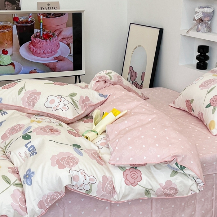 91家纺网 家纺一手货源 找家纺 昔可2022新款嵌绳全棉四件套组图二 粉蔷薇兔