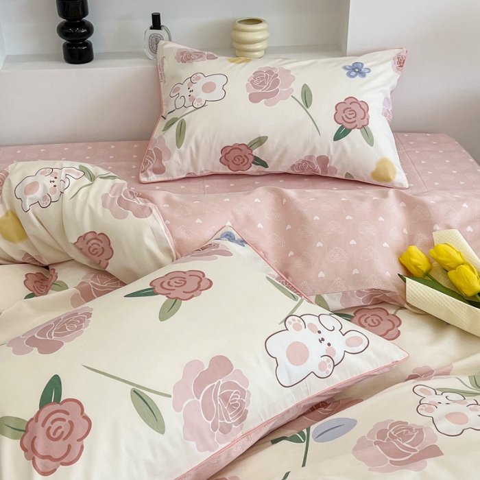 91家纺网 家纺一手货源 找家纺 昔可2022新款嵌绳全棉四件套组图二 粉蔷薇兔