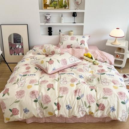 昔可2022新款嵌绳全棉四件套组图二 粉蔷薇兔