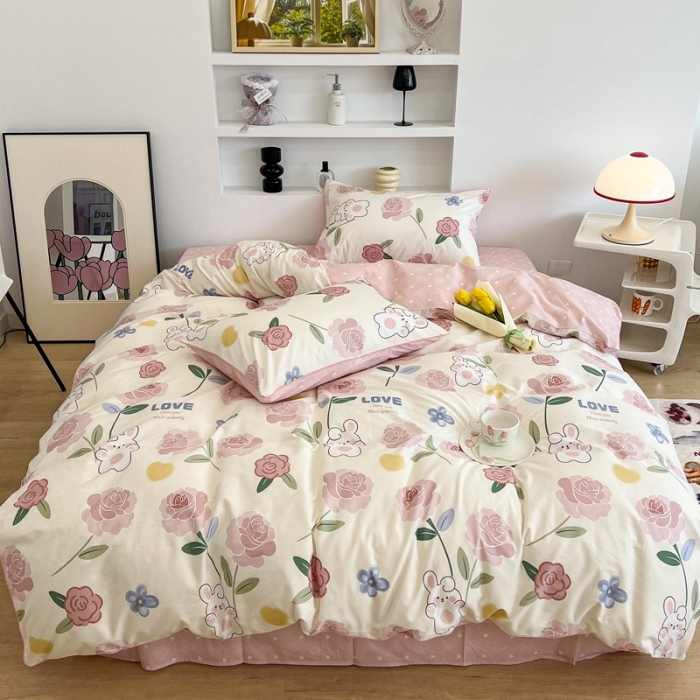 91家纺网 家纺一手货源 找家纺 昔可2022新款嵌绳全棉四件套组图二 粉蔷薇兔