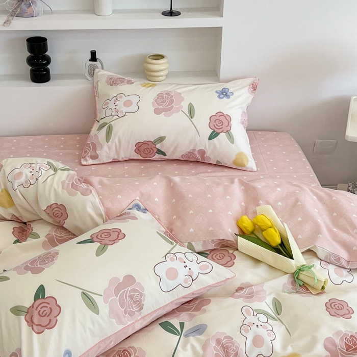 91家纺网 家纺一手货源 找家纺 昔可2022新款嵌绳全棉四件套组图二 粉蔷薇兔