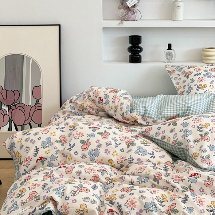 91家纺网 家纺一手货源 找家纺 昔可2022新款嵌绳全棉四件套组图二 蘑菇花