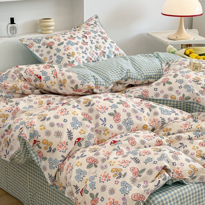 91家纺网 家纺一手货源 找家纺 昔可2022新款嵌绳全棉四件套组图二 蘑菇花