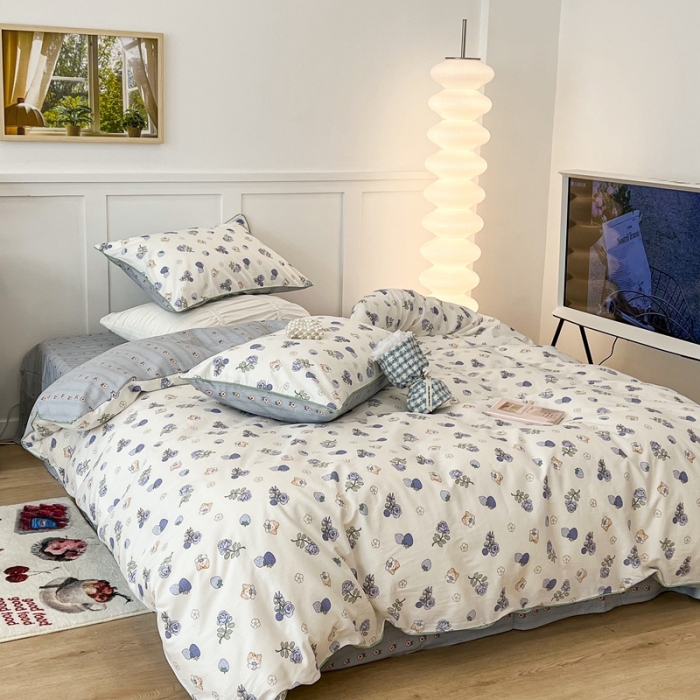 91家纺网 家纺一手货源 找家纺 昔可2022新款嵌绳全棉四件套组图二 紫玫瑰猫猫