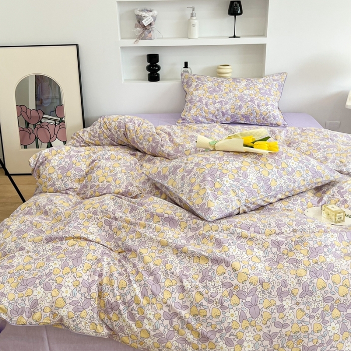 91家纺网 家纺一手货源 找家纺 昔可2022新款嵌绳全棉四件套组图二 紫色小草莓