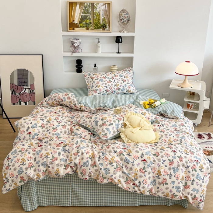 91家纺网 家纺一手货源 找家纺 昔可2022新款嵌绳全棉四件套组图二 蘑菇花