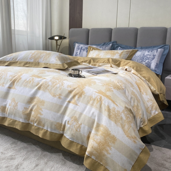 91家纺网 家纺一手货源 找家纺 棉生活 2022新款全棉磨毛宽边系列四件套 丛林秘境-黄