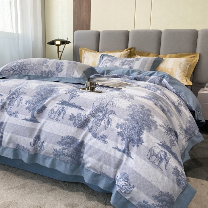 91家纺网 家纺一手货源 找家纺 棉生活 2022新款全棉磨毛宽边系列四件套 丛林秘境-蓝