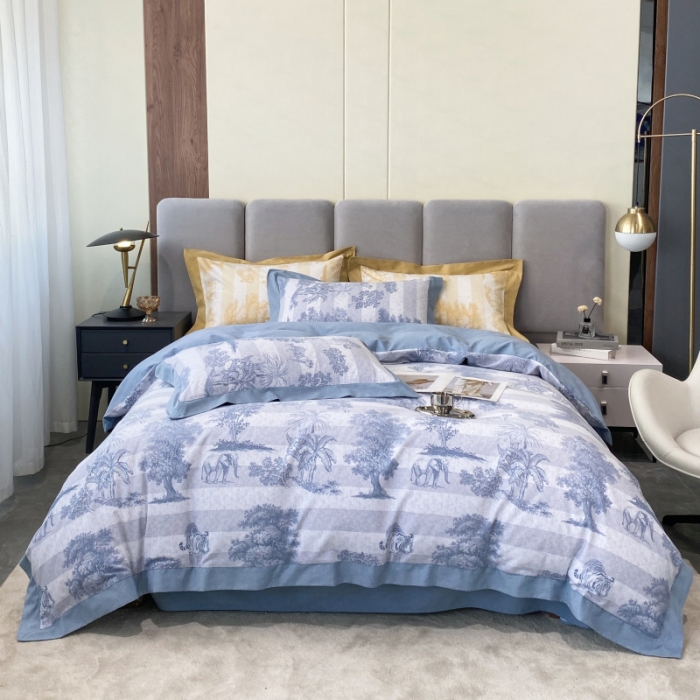 91家纺网 家纺一手货源 找家纺 棉生活 2022新款全棉磨毛宽边系列四件套 丛林秘境-蓝