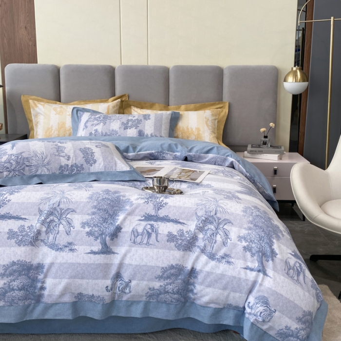 91家纺网 家纺一手货源 找家纺 棉生活 2022新款全棉磨毛宽边系列四件套 丛林秘境-蓝
