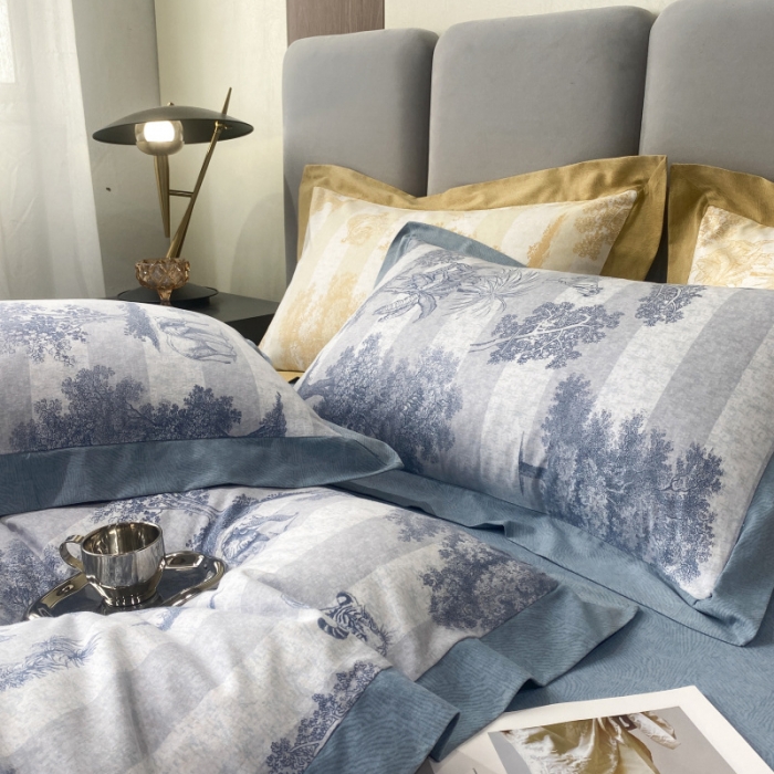 91家纺网 家纺一手货源 找家纺 棉生活 2022新款全棉磨毛宽边系列四件套 丛林秘境-蓝