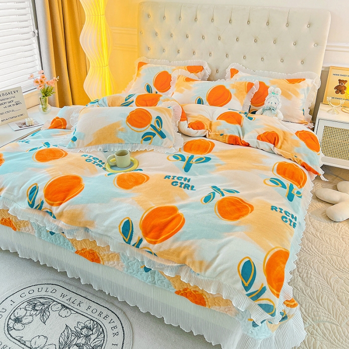 91家纺网 家纺一手货源 找家纺 澳梵  2022新款牛奶绒印花床盖三件套四件套 郁金香