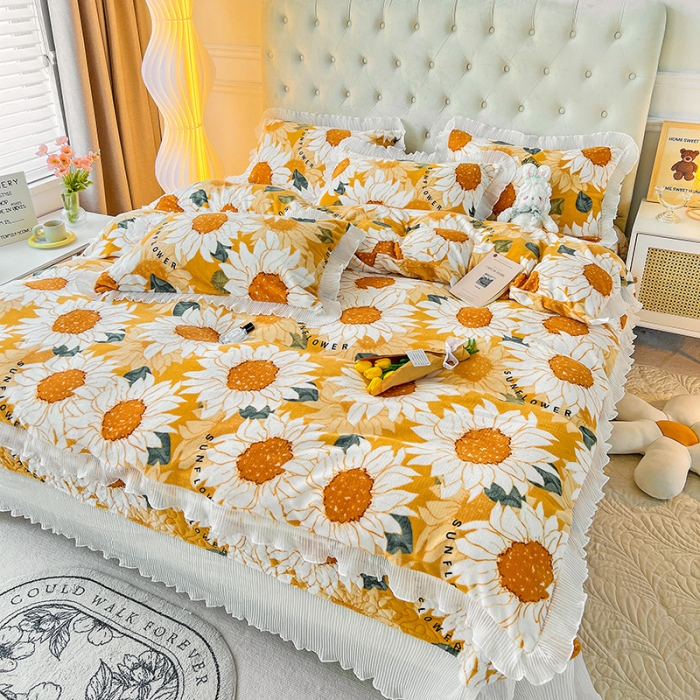 91家纺网 家纺一手货源 找家纺 澳梵  2022新款牛奶绒印花床盖三件套四件套 向日葵