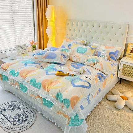 澳梵  2022新款牛奶绒印花床盖三件套四件套 心形圈