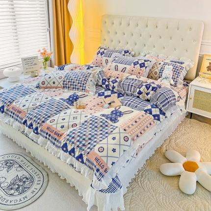 澳梵  2022新款牛奶绒印花床盖三件套四件套 格子兔