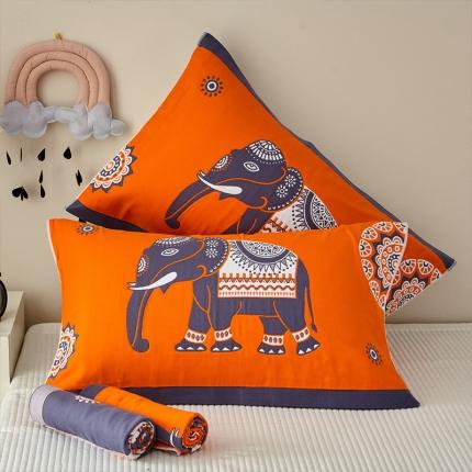 91家纺网 家纺一手货源 找家纺 朴尔 2022新款全棉多彩六层纱布枕巾52*78一对装 皇室御象-桔