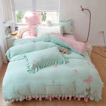 91家纺网 家纺一手货源 找家纺 2023爆款高克重牛奶绒重工刺绣花边款四件套幻蝶系列 香草绿