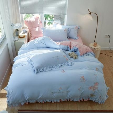 91家纺网 家纺一手货源 找家纺 2023爆款高克重牛奶绒重工刺绣花边款四件套幻蝶系列 天空蓝