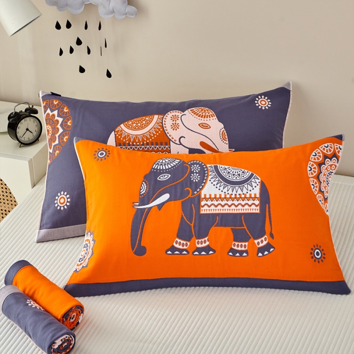 91家纺网 家纺一手货源 找家纺 朴尔 2022新款全棉多彩六层纱布枕巾52*78一对装 皇室御象-桔