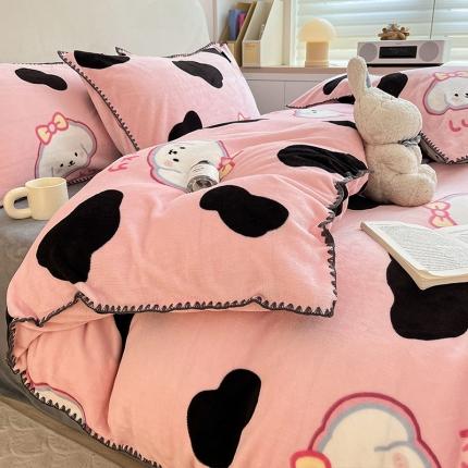 91家纺网 家纺一手货源 找家纺 安哆啦 新款贝壳边工艺牛奶绒珊瑚绒四件套单被套 豹纹小萌狗