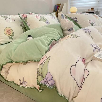 91家纺网 家纺一手货源 找家纺 （总）安哆啦 新款贝壳边工艺牛奶绒珊瑚绒四件套单被套