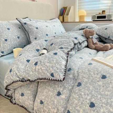 91家纺网 家纺一手货源 找家纺 （总）安哆啦 新款贝壳边工艺牛奶绒珊瑚绒四件套单被套