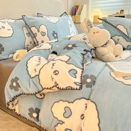 91家纺网 家纺一手货源 找家纺 （总）安哆啦 新款贝壳边工艺牛奶绒珊瑚绒四件套单被套