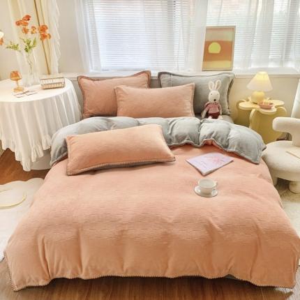 91家纺网 家纺一手货源 找家纺 莱茵 2023秋冬新款ins华夫格贝壳边牛奶绒四件套 暮冬橙