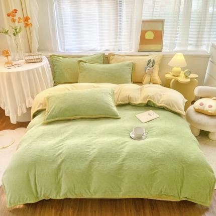 91家纺网 家纺一手货源 找家纺 莱茵 2023秋冬新款ins华夫格贝壳边牛奶绒四件套 牛油果绿