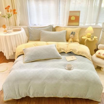 91家纺网 家纺一手货源 找家纺 莱茵 2023秋冬新款ins华夫格贝壳边牛奶绒四件套 晴空蓝