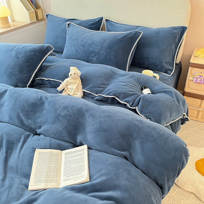 91家纺网 家纺一手货源 找家纺 安哆啦 新款贝壳边工艺牛奶绒珊瑚绒四件套单被套 宝石蓝